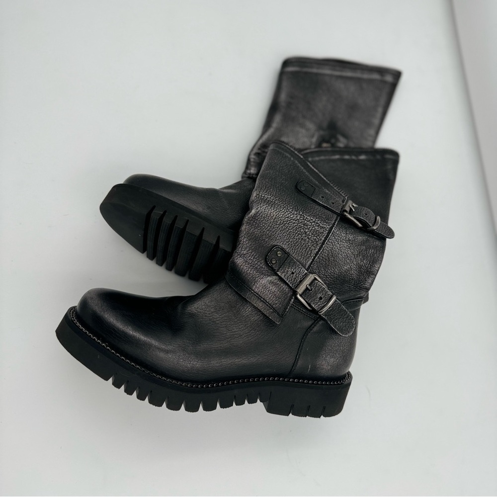 KEB ITALIA GREY METALLIC LEATHER EDGY MOTO CHUNKY COMBAT SIZE 8 ZIPPER BOOTS